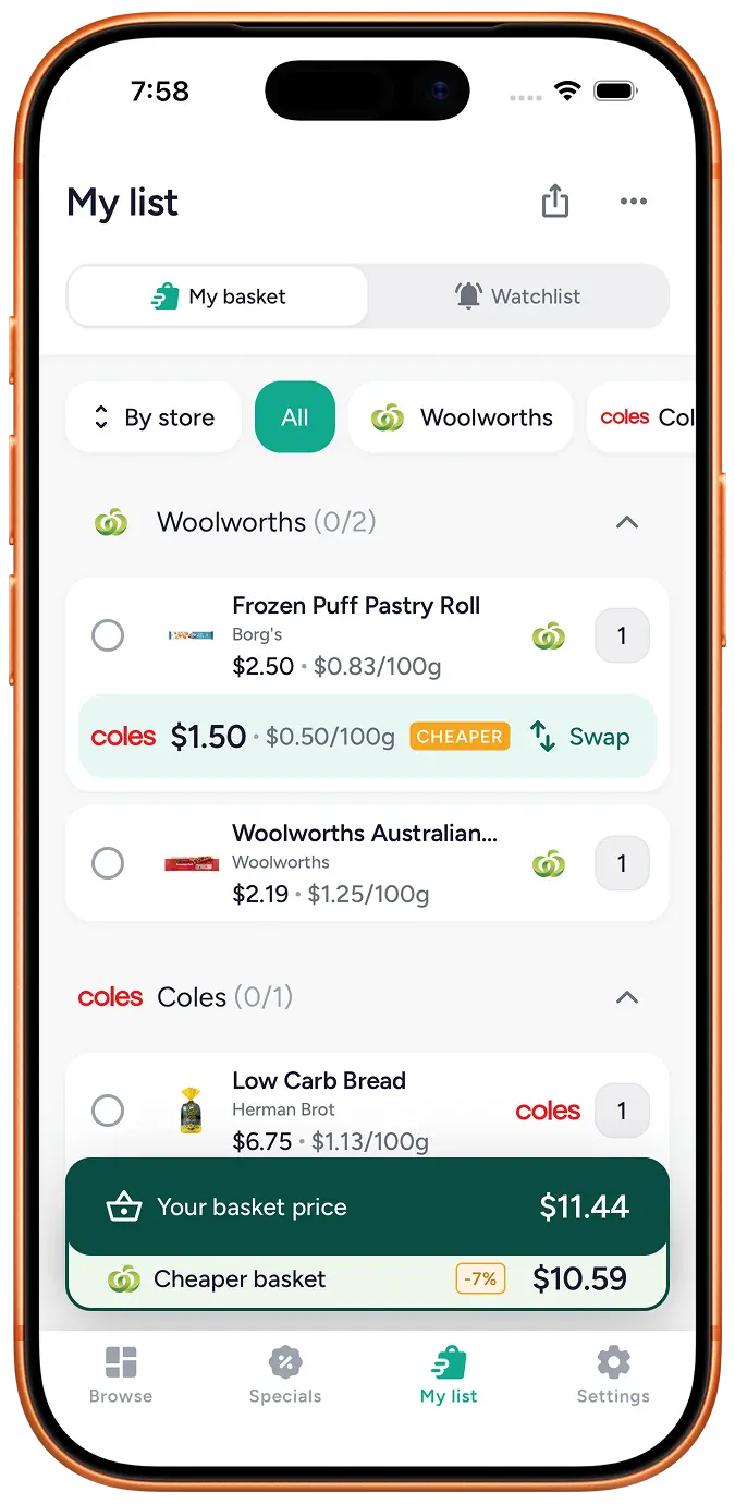 My list in Grocero: a CHEAPER tag with Swap under a row, and Cheaper basket on the dock.