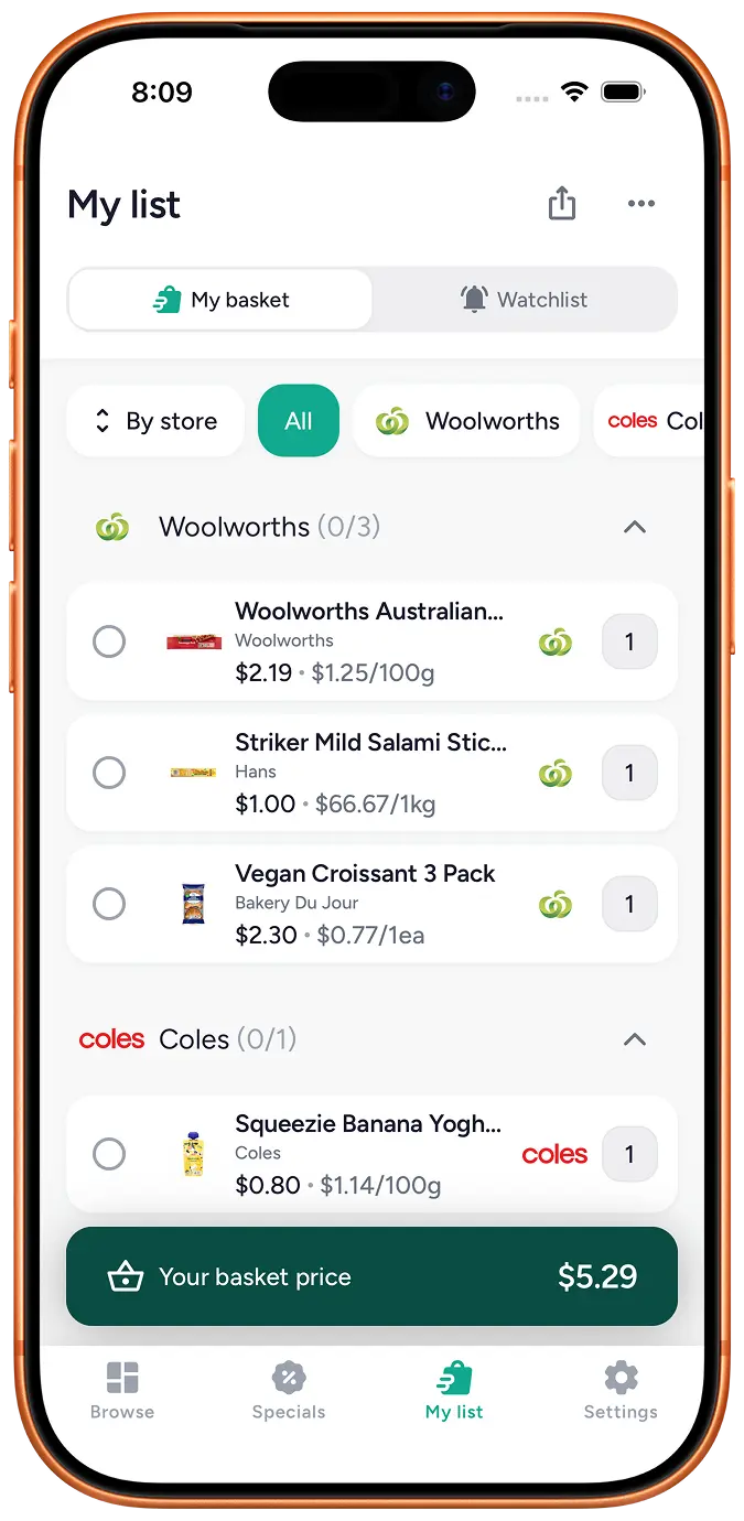 Grocero's My list screen: My basket items grouped by store, with the Your basket price dock.