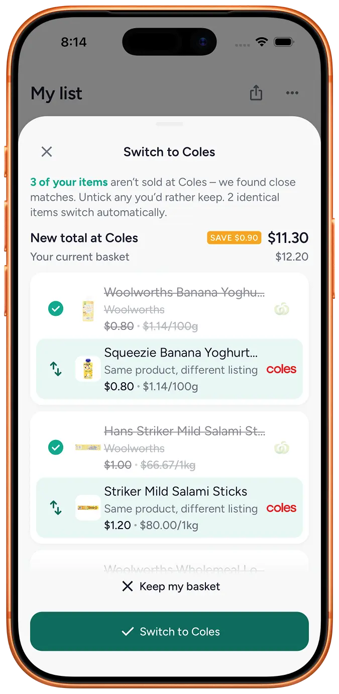 Switch review sheet in Grocero: substitute pairs to review, New total versus Your current basket, Keep my basket or Switch to Coles.