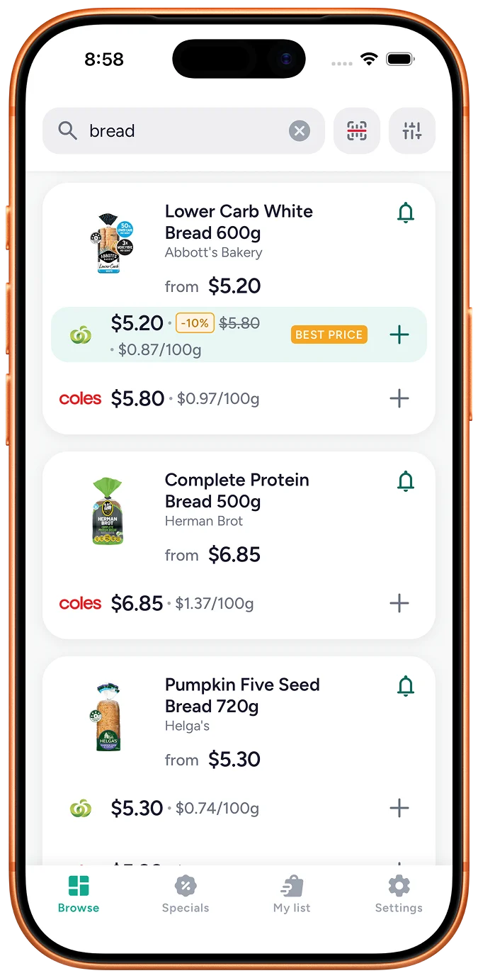 Searching bread in Grocero: shelf prices plus unit price per 100g, with BEST PRICE on the cheaper store.