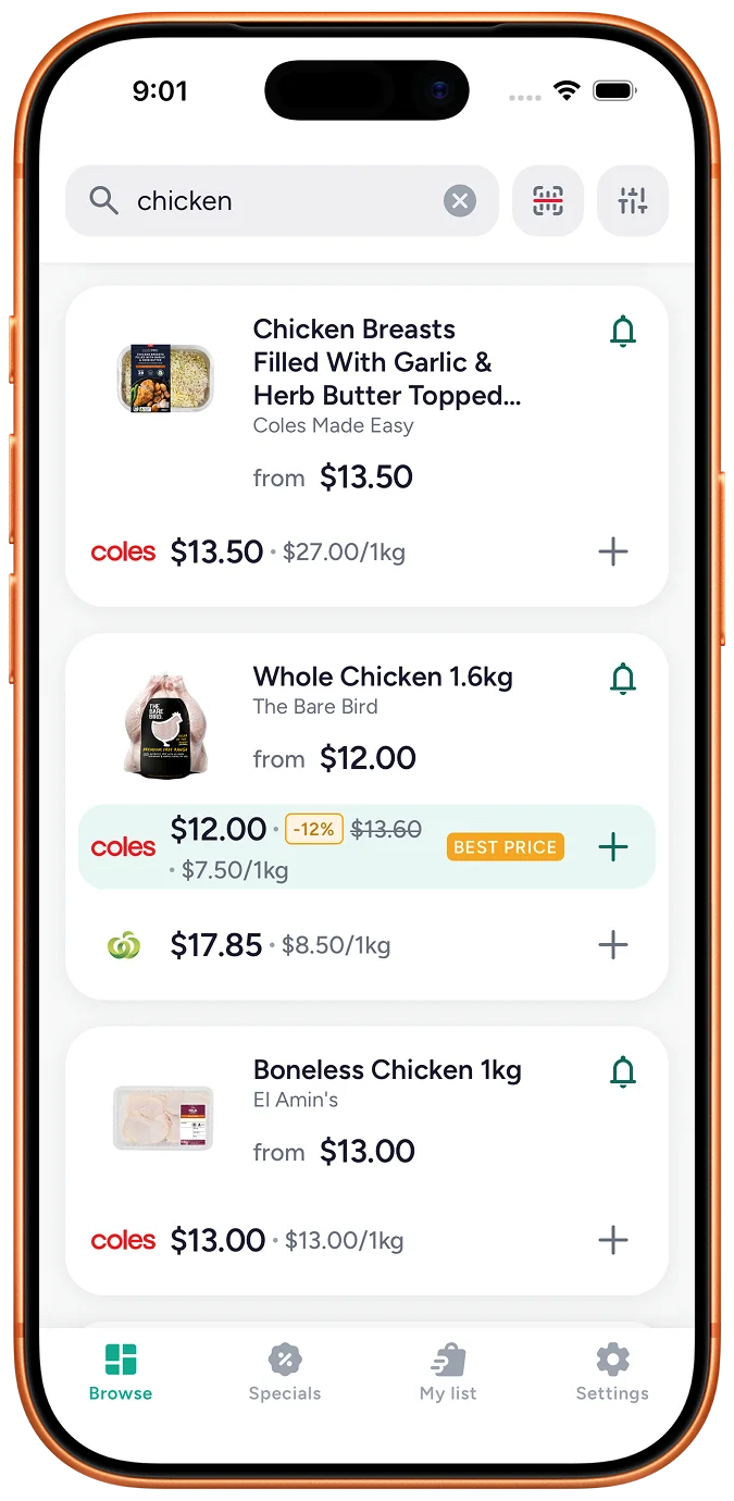 Searching chicken in Grocero: BEST PRICE and unit pricing across Coles and Woolworths.