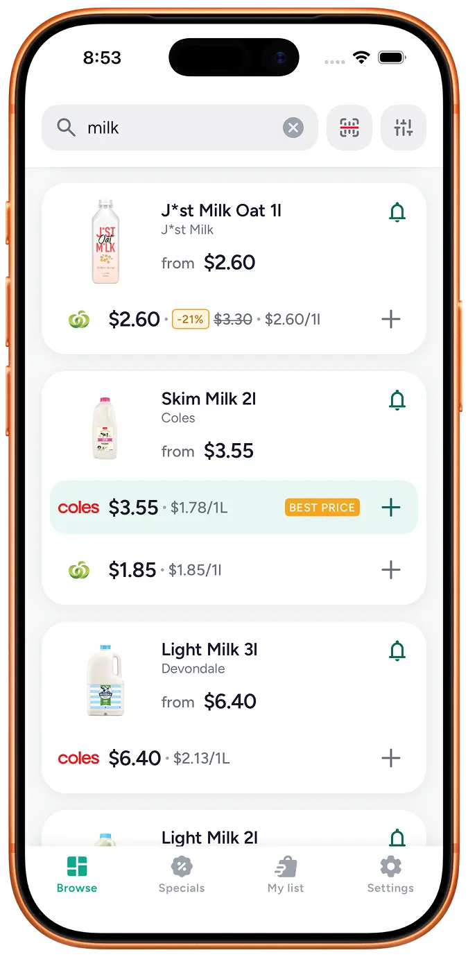 Searching milk in Grocero: Coles and Woolworths prices side by side, unit price per litre, and the BEST PRICE tag on the cheaper store.