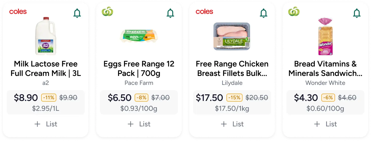 Specials cards in Grocero: milk, eggs, chicken and bread with discount badges, struck-through old prices, unit pricing, and + List.
