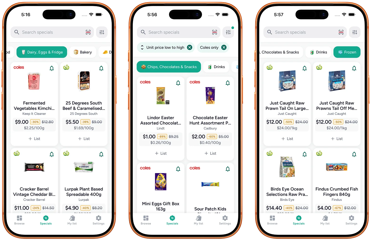 Grocero's Specials tab across categories: deal cards with discount percentages, struck-through old prices, unit pricing, and + List.
