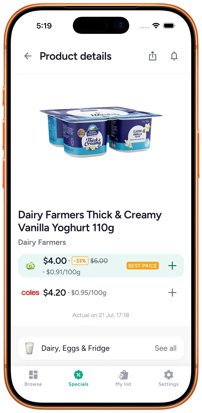 Product details in Grocero: Woolworths yoghurt on special with BEST PRICE next to Coles.