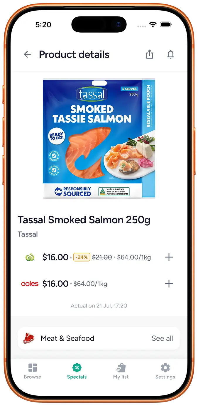 Product details in Grocero: Woolworths smoked salmon on special at the same price as Coles.